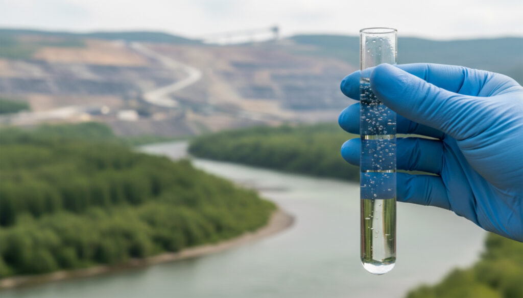 Water quality testing sample from mining tailings water recirculation system.