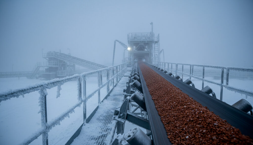 Cold-weather ore handling on conveyor belt protected with freeze control agent.
