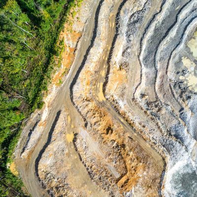 Aerial view of phosphate mining site with beneficiation area and tailings management ponds