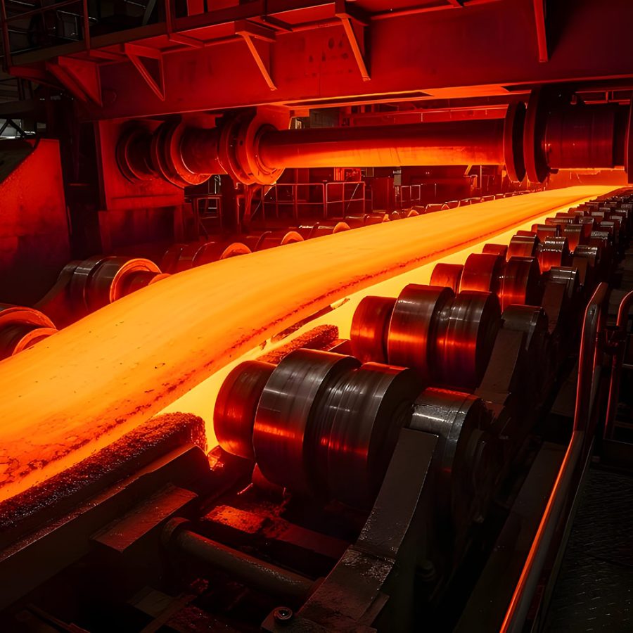 Molten metal moving through a pyrometallurgical furnace line in a steel or metal processing plant.