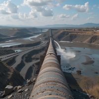 Tailings pipeline transporting slurry to a tailings storage facility with water recovery basin.
