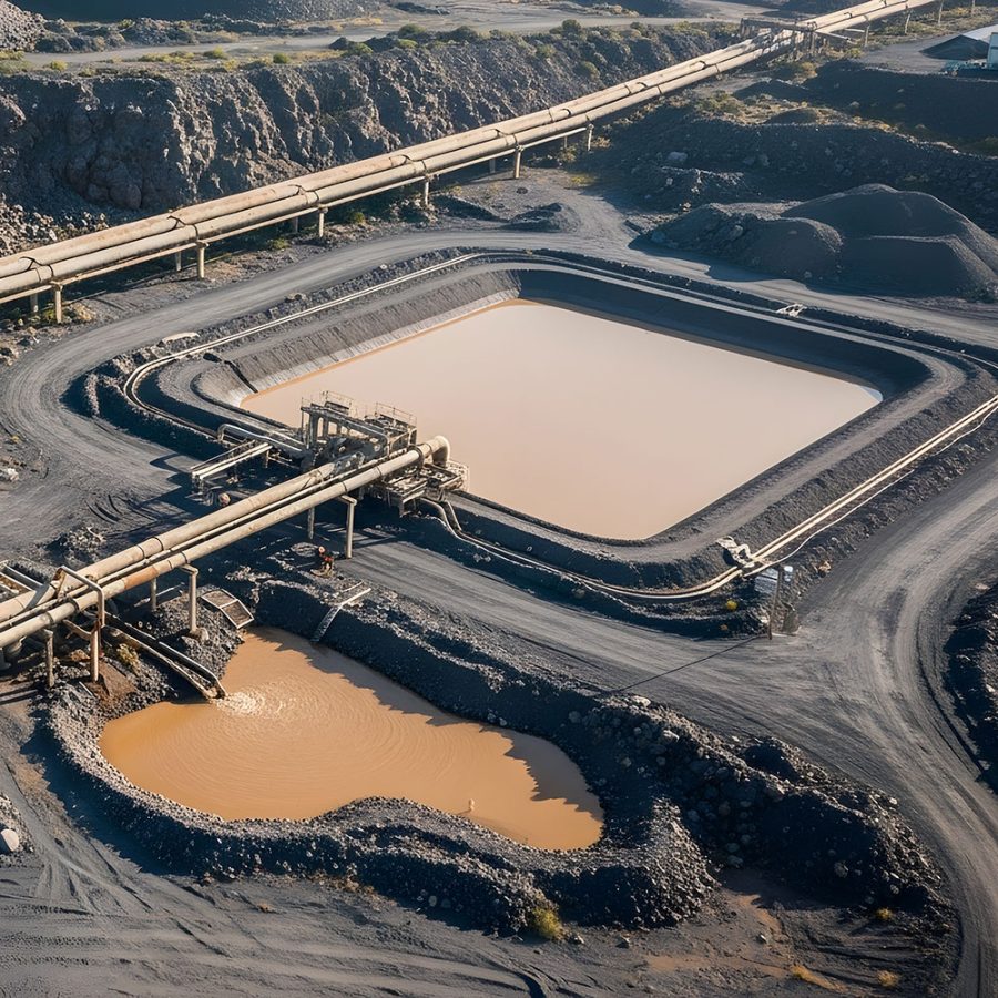 Tailings thickener discharge and water recovery basin in a mining operation.