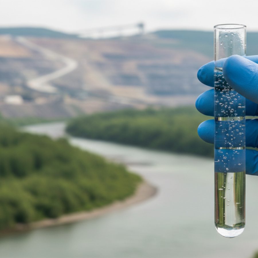 Water quality testing sample from mining tailings water recirculation system.