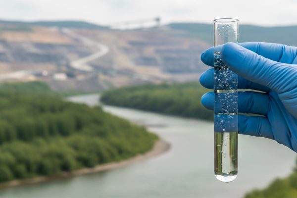 Water quality testing sample from mining tailings water recirculation system.
